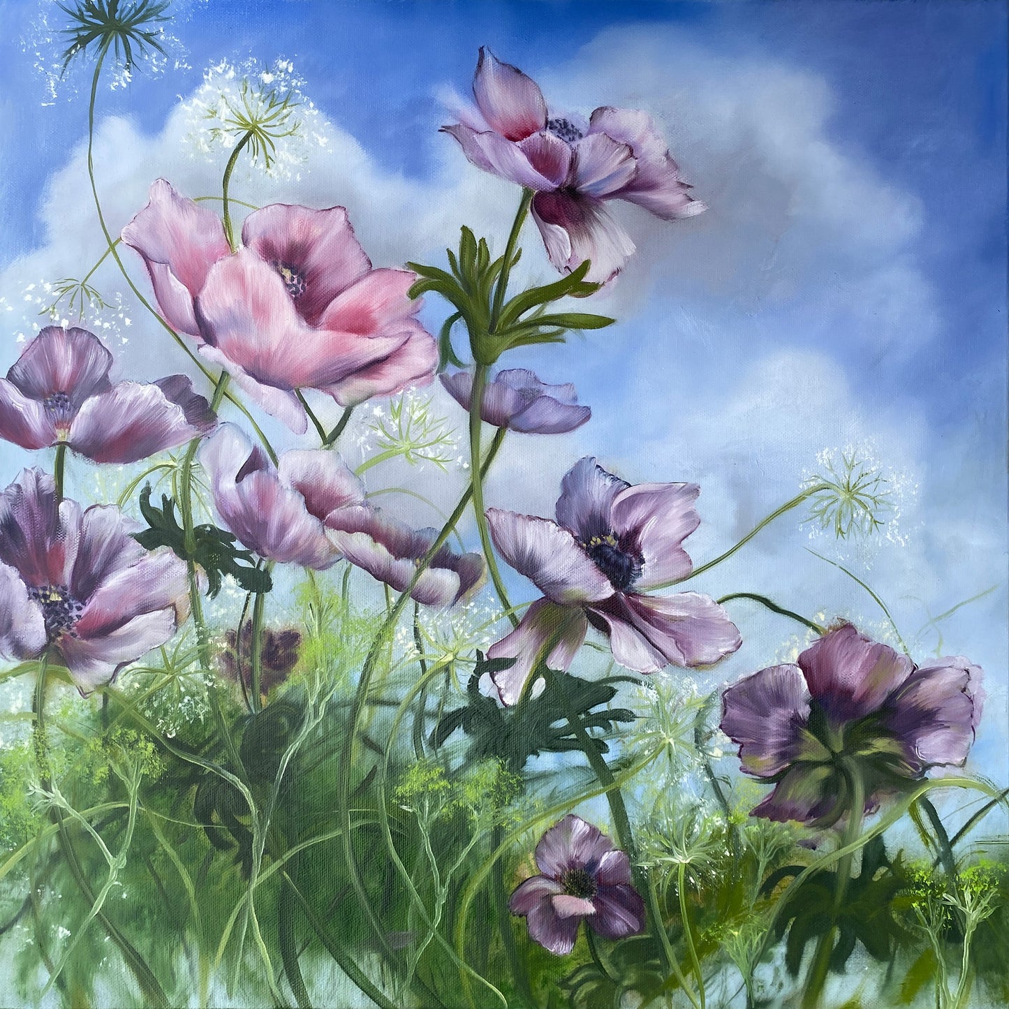 Anemones in the Breeze – Original floral oil painting featuring soft pink and violet anemones swaying in the wind against a bright blue sky with delicate Queen Anne’s lace, blending botanical and contemporary realism.