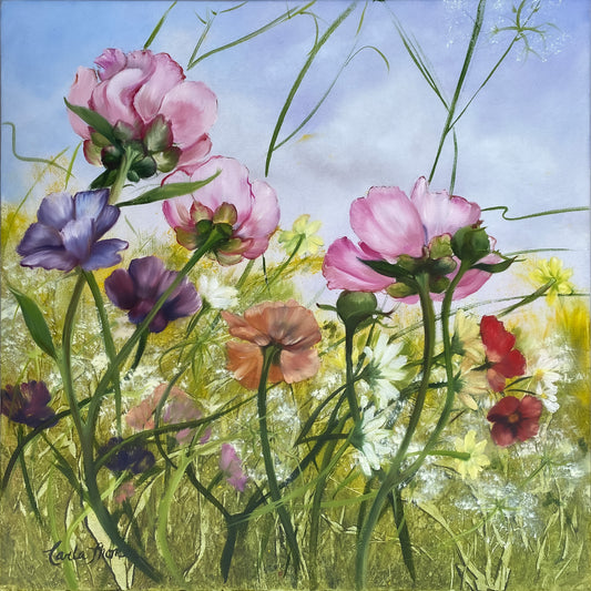 Garden Flowers – Original floral oil painting of pink, red, and violet wildflowers blooming in a sunlit meadow with delicate Queen Anne’s lace against a soft sky, blending botanical and contemporary realism.