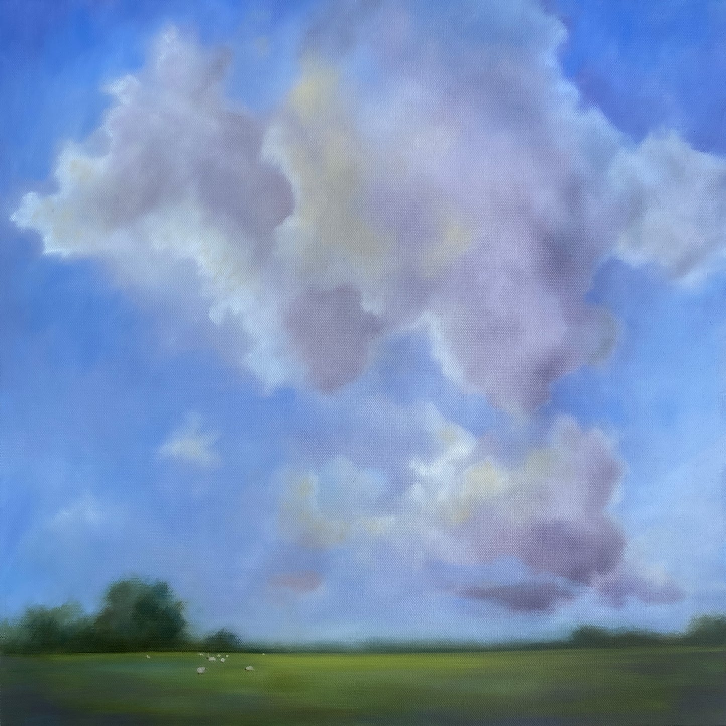 Drifting Light – Original tonal landscape oil painting featuring a vast sky with billowing clouds over a peaceful open field, blending atmospheric realism with soft, muted tones.