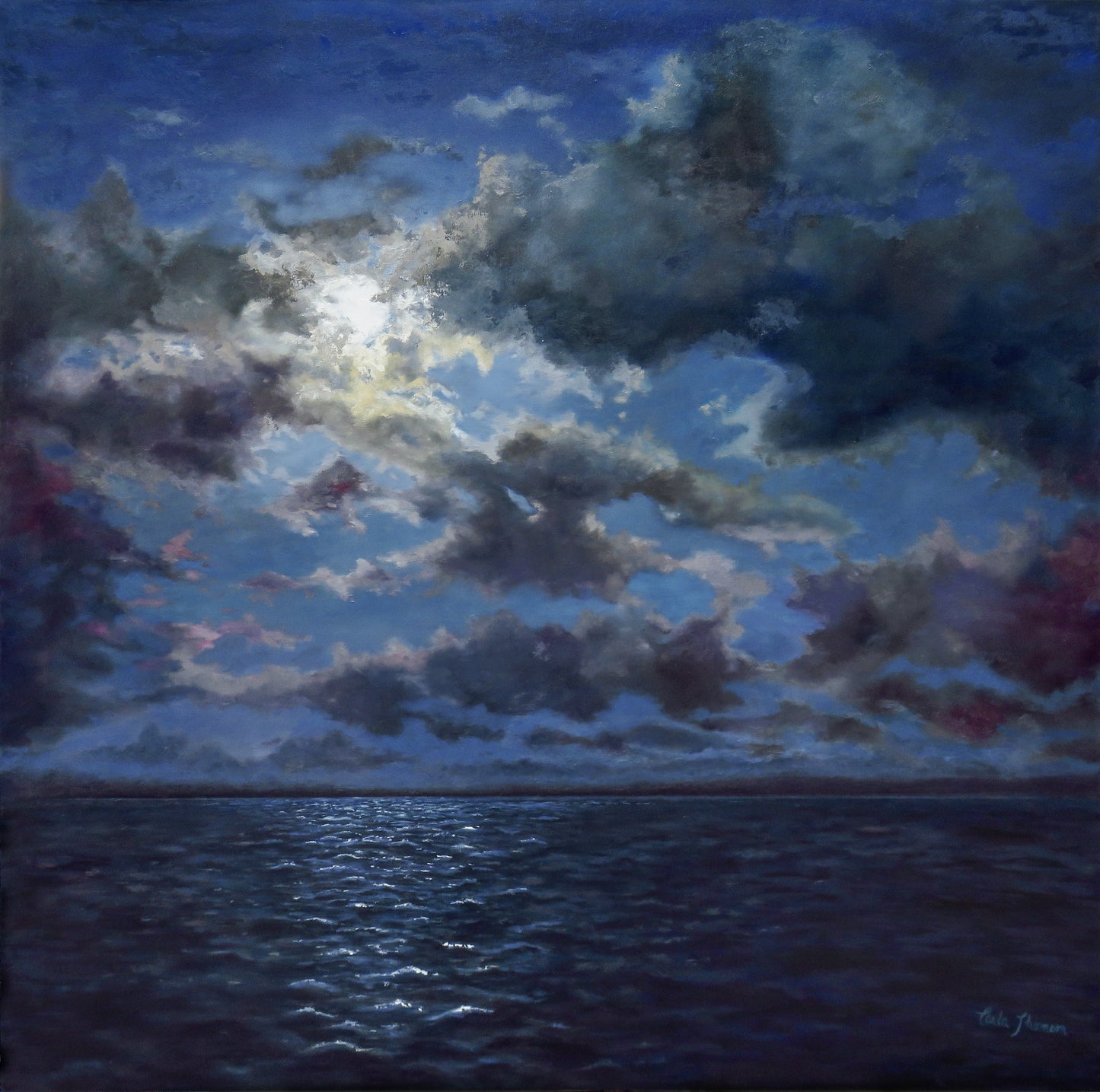 Moon Over Water – Original atmospheric seascape oil painting featuring moonlight reflecting on the ocean under a dramatic, cloud-filled night sky.